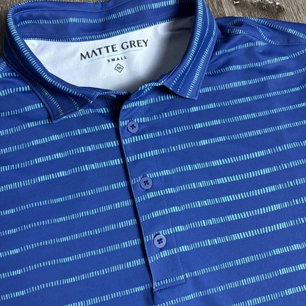 Matte Grey Mens‎ S Blue Teal Stripe Performance Polo Shirt